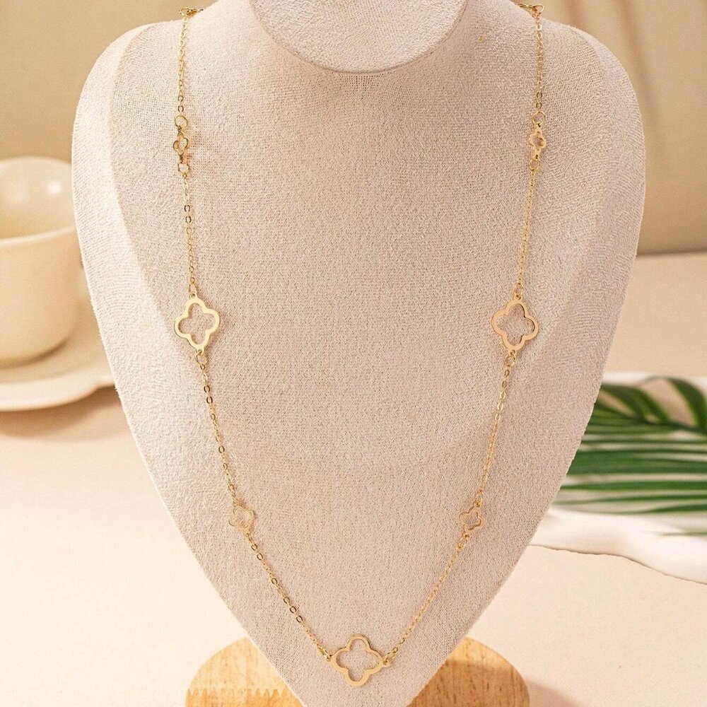 Four Leaf Clover Gold Long  Necklace - Picture 5 of 6